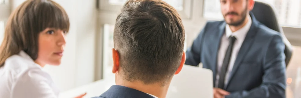 Businessman Businesswoman Sitting Front Manager Workplace