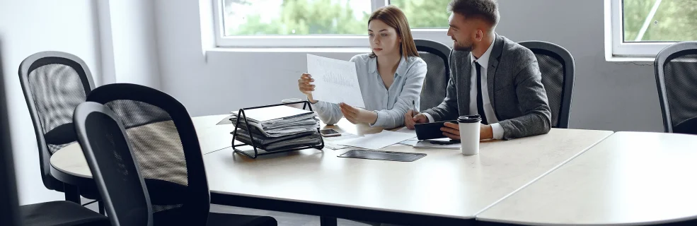 Colleagues Drink Coffee Business Partners Business Meeting Man Woman Sitting Table