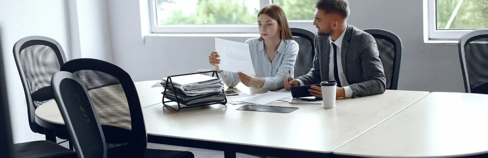 Colleagues Drink Coffee Business Partners Business Meeting Man Woman Sitting Table